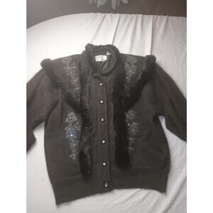 Vintage Baluchi Creation Angora Rabbit Hair Cardigan Brown Fur Women Large